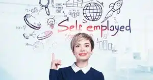 Lady with graphics and self employed on whiteboard