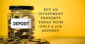 Modern two-story investment property by the water, overlaid with text reading “Buy an Investment Property Today With Only 10% Deposit!